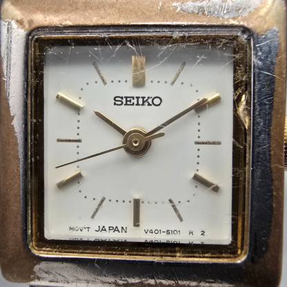 Seiko Watch Women 18mm White Dial Two Tone Rectangle V401-5849 New Battery1