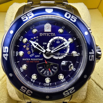 Invicta Pro Diver GMT Watch Men 48mm Blue Dial Steel Daydate Alarm 6087 NewBat1