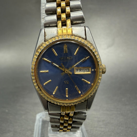 Seiko SQ Watch Women 24mm Blue Dial Two Tone Daydate Round New Battery MNR320