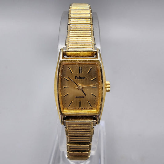 VTG Pulsar Watch Women Gold Tone Rectangle 16mm V233-5100 Stretch Band New Batt