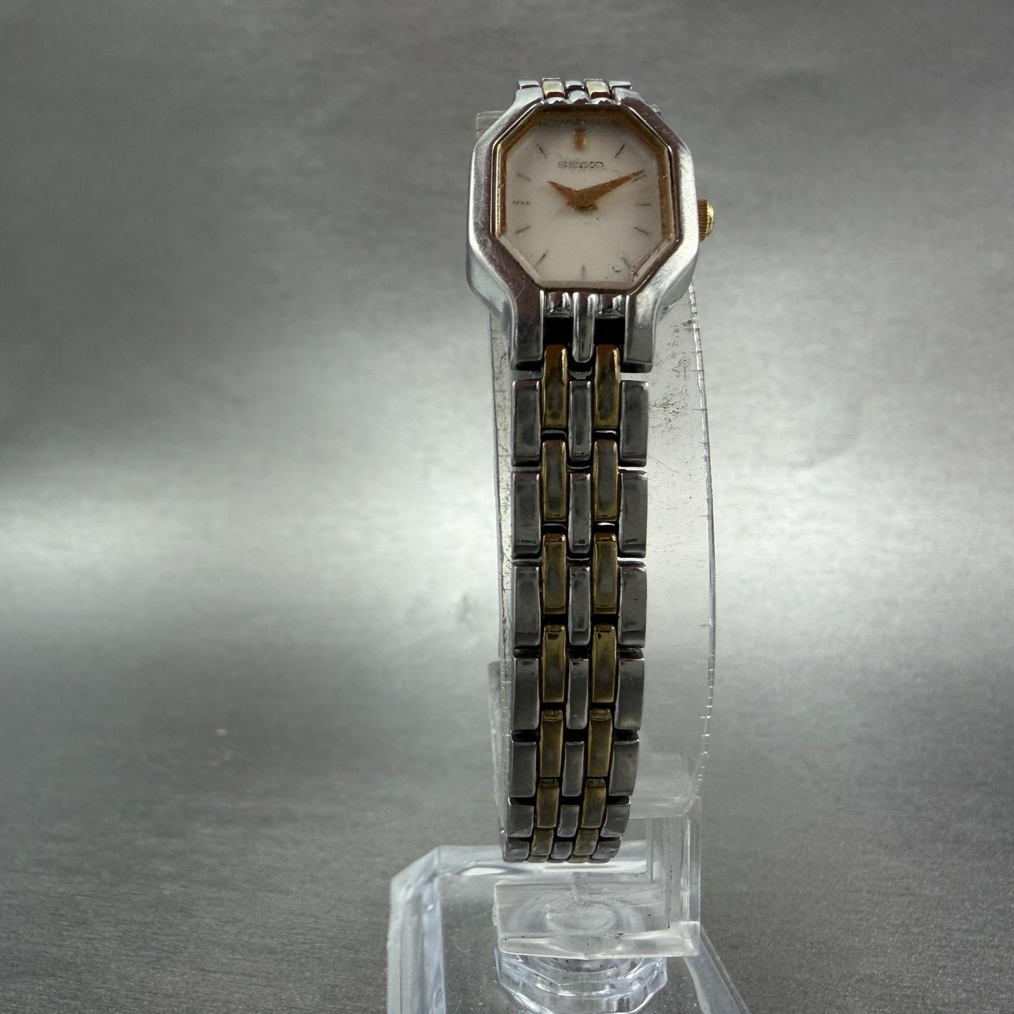 Seiko Watch Women 16mm White Dial Two Tone Octagon 1N00-0GV0 New Battery VTG 216