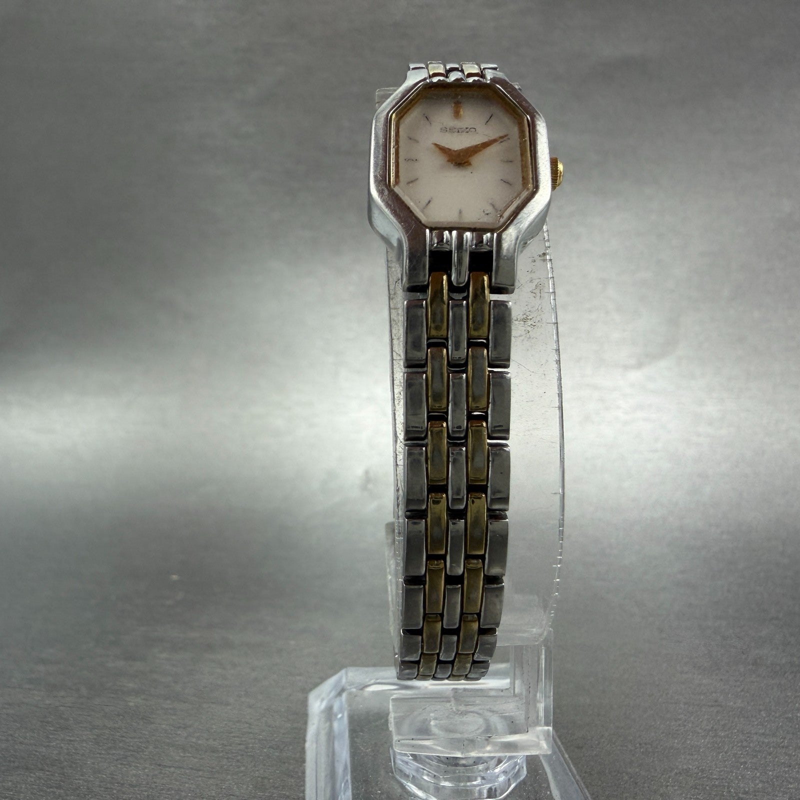 Seiko Watch Women 16mm White Dial Two Tone Octagon 1N00-0GV0 New Battery VTG 216