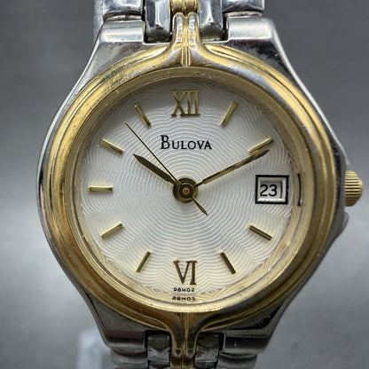 Bulova Watch Women 24mm White Dial two Tone Date Round 98M02 New Battery ABCD1