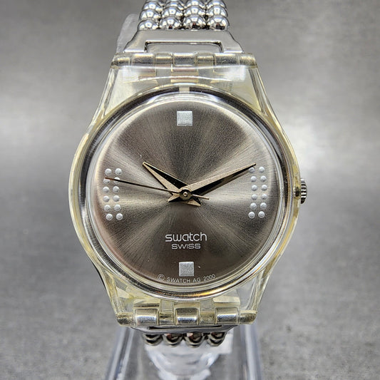 Swatch Silver Fall Watch Women 25mm Silver Dial Clear Case Round LW130 New Batt0