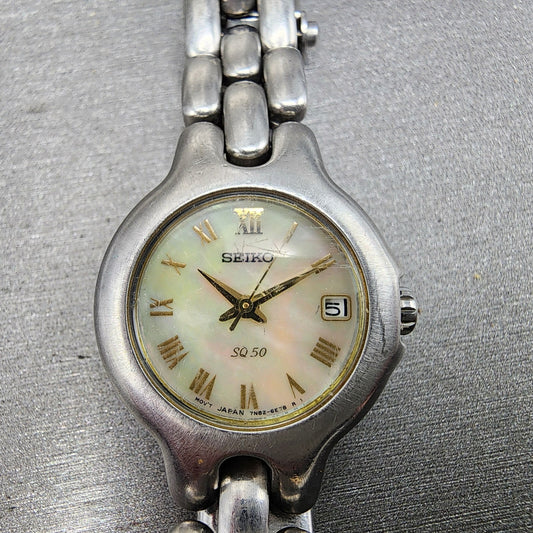 Seiko SQ 50 Watch Women 24mm MOP Dial Steel Date Round BROKEN BAND New Battery