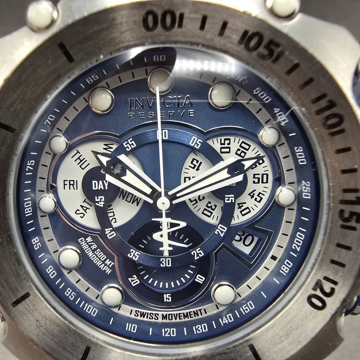 Invicta Reserve Venom Chronograph Watch Men 53mm Blue Dial Steel Daydate NewBatt1