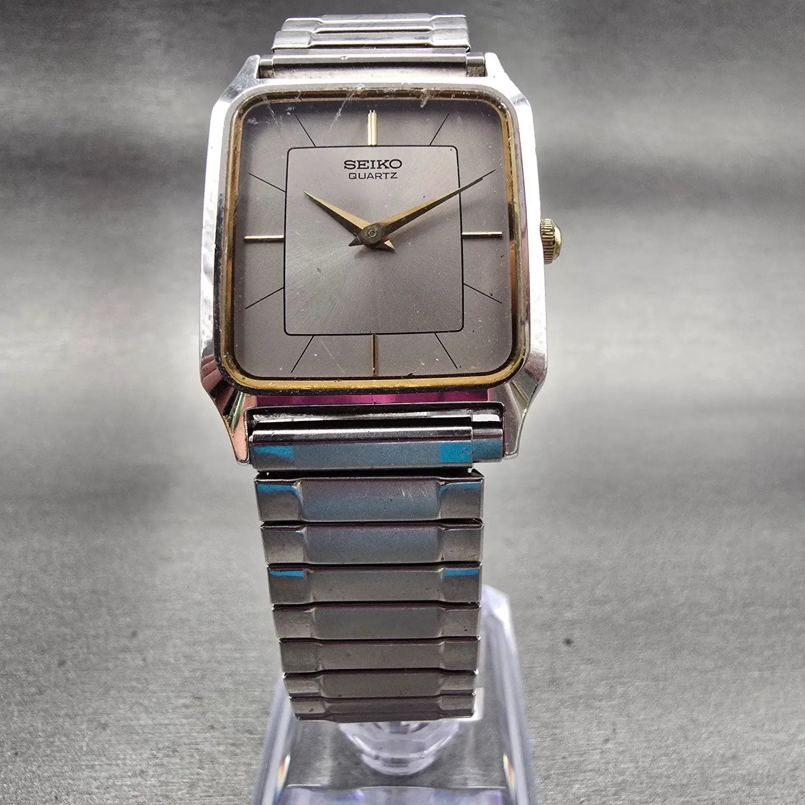 Seiko Watch Men 25mm Silver Dial Silver Tone Rectangle 6530-5510 New Battery VTG5