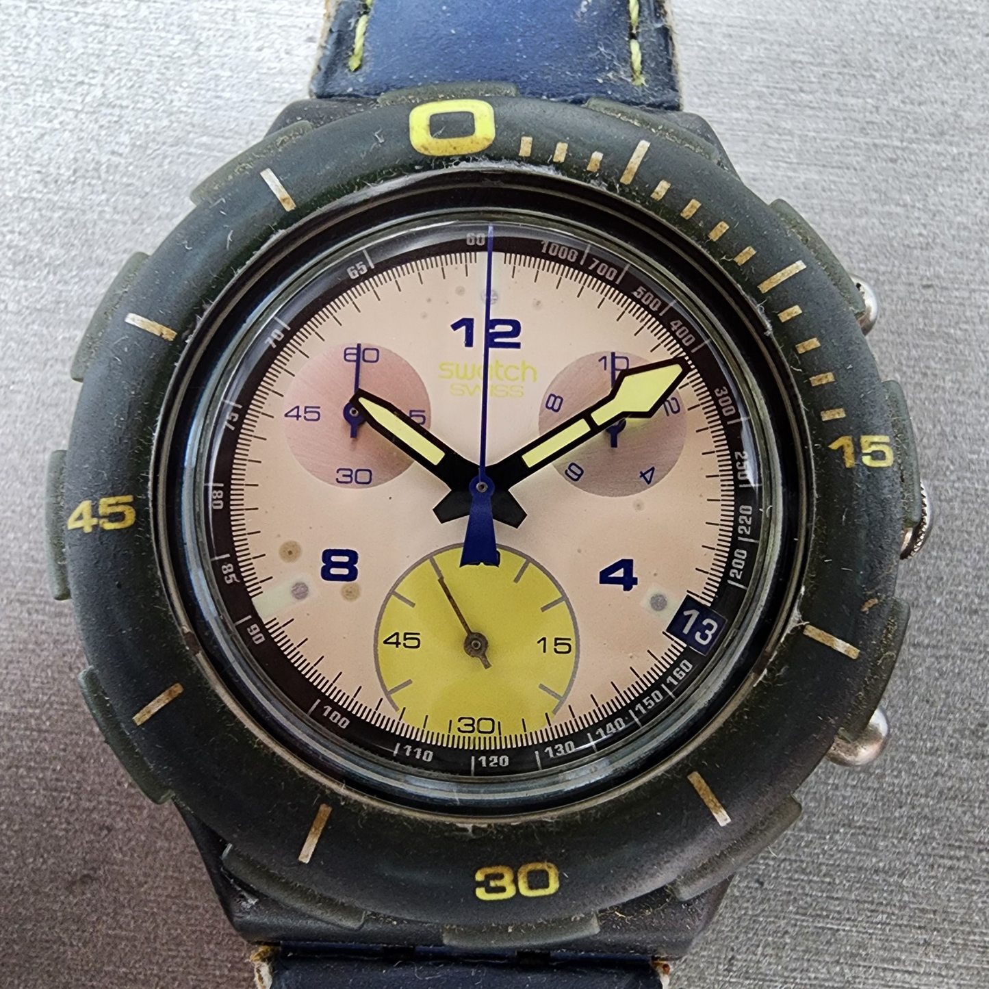Swatch Aqua Chrono Free Dive Watch Men 43mm Cream Dial Blue Tone Date READ! Runs1