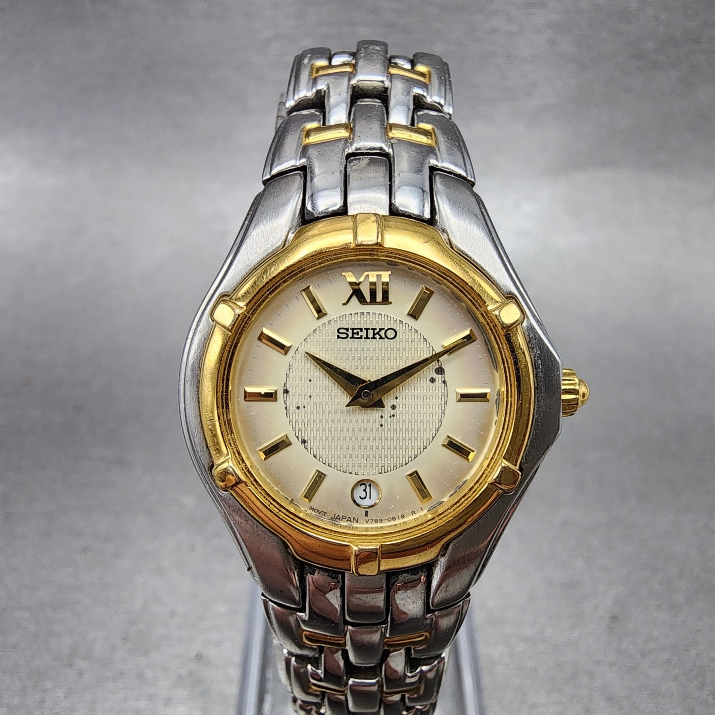 Seiko Watch Women 26mm Champagne Dial Two Tone Date V7890369 New Battery ABC1230