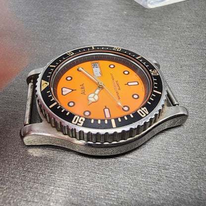 Seiko ALBA Dive Watch Men 36mm Orange Dial Silver Tone Daydate READ! New Battery3