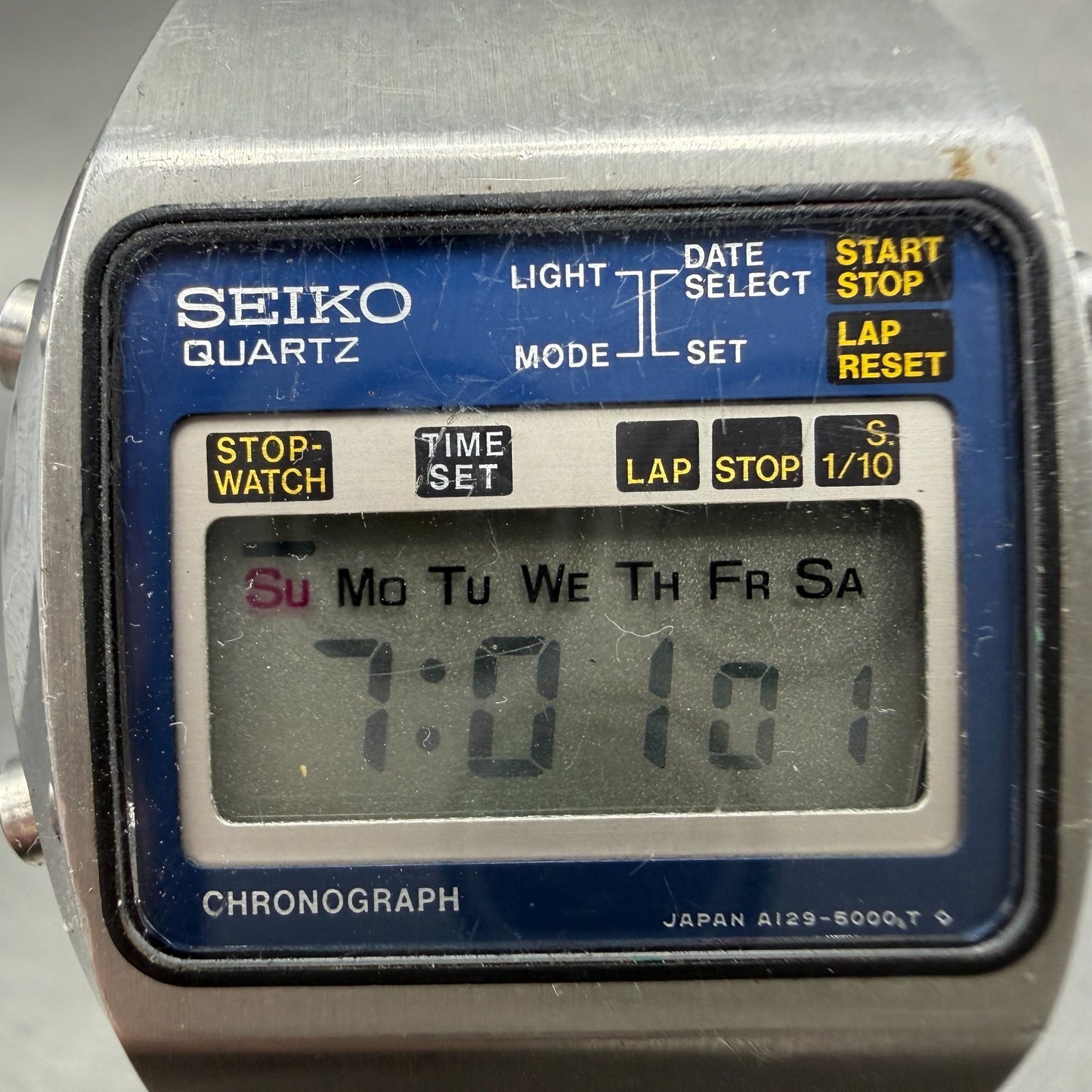 Seiko Digital Watch Men 34mm LCD Chronograph Steel Rectangle A129-5000 New batt1