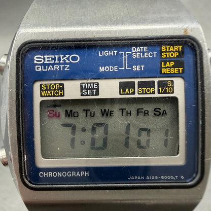 Seiko Digital Watch Men 34mm LCD Chronograph Steel Rectangle A129-5000 New batt1