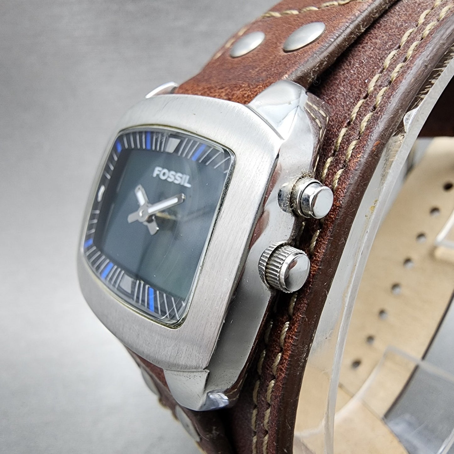 Fossil Big Tic Watch Women 33mm Blue Green Dial Silver Tone Rectangle New Batt2