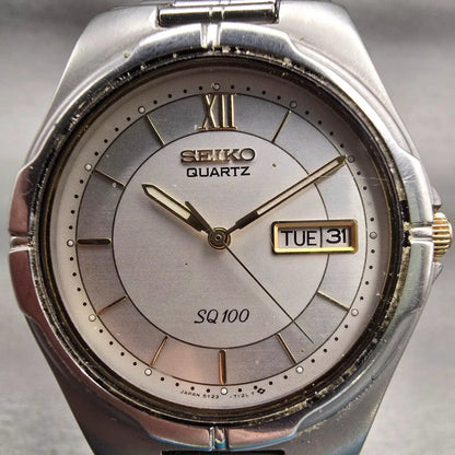 Seiko SQ Watch Men 36mm Silver Dial Silver Tone Daydate Round 5Y23-7029 New Batt1
