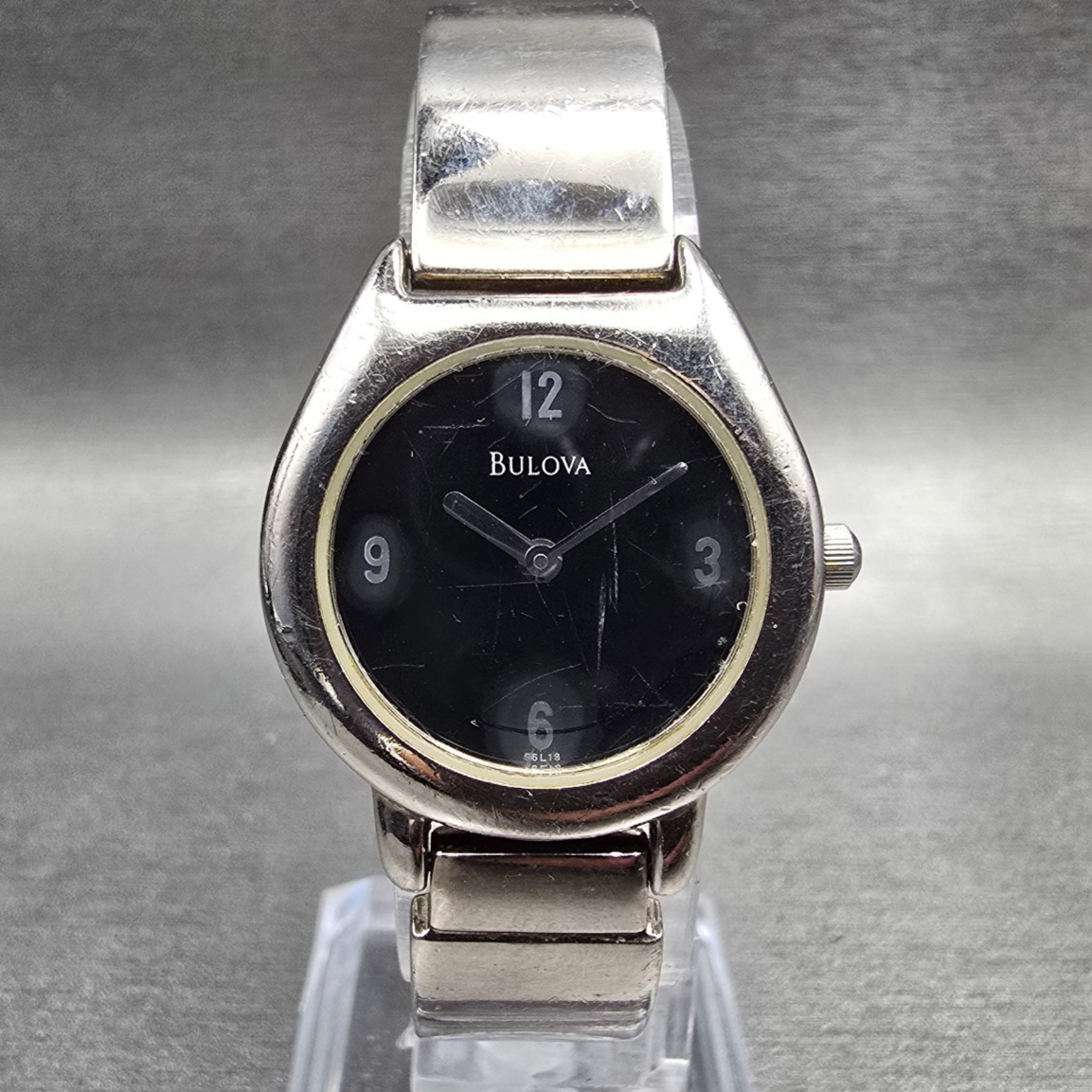 Bulova Watch Women 25mm Black Dial Silver Tone Round Bangle 96L18 New Battery 890