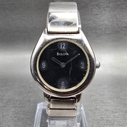 Bulova Watch Women 25mm Black Dial Silver Tone Round Bangle 96L18 New Battery 890