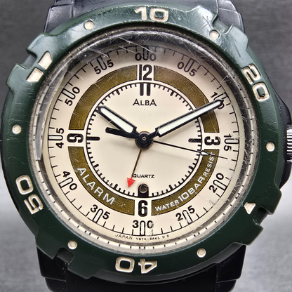 Seiko Alba Watch Men 38mm Cream Dial Black Green Alarm Round Y974-6A40 New Batt1