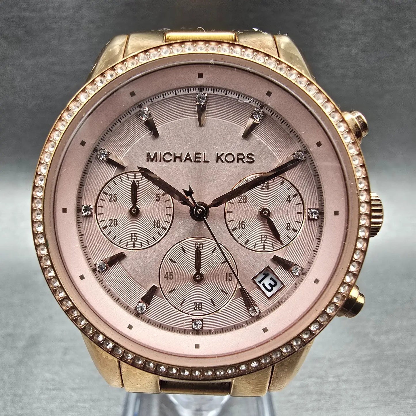 Michael Kors Ritz Watch Women 37mm Pink Dial Chrono Date MK-6357 New Battery1