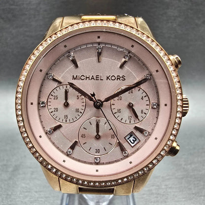 Michael Kors Ritz Watch Women 37mm Pink Dial Chrono Date MK-6357 New Battery1