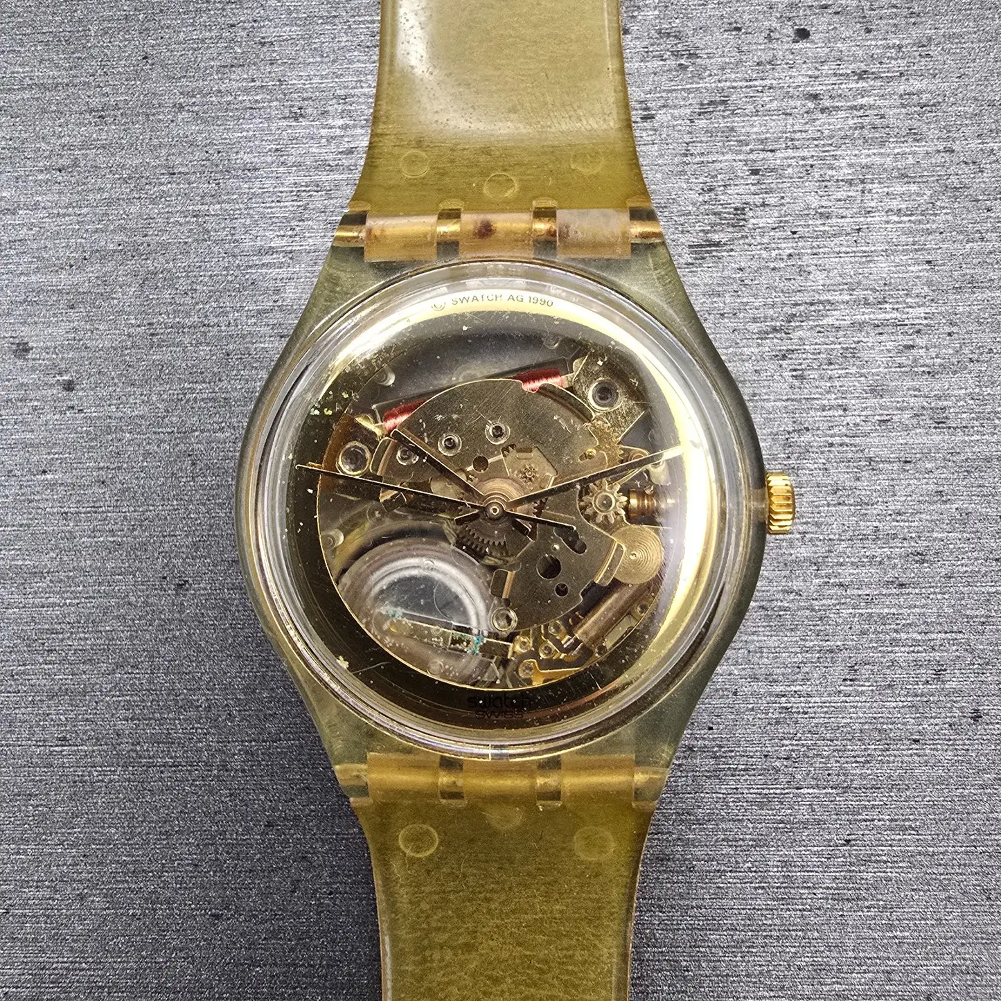 Swatch Golden Jelly Watch Men 34mm Skeleton Dial Clear Case READ! GZ115 New Batt0