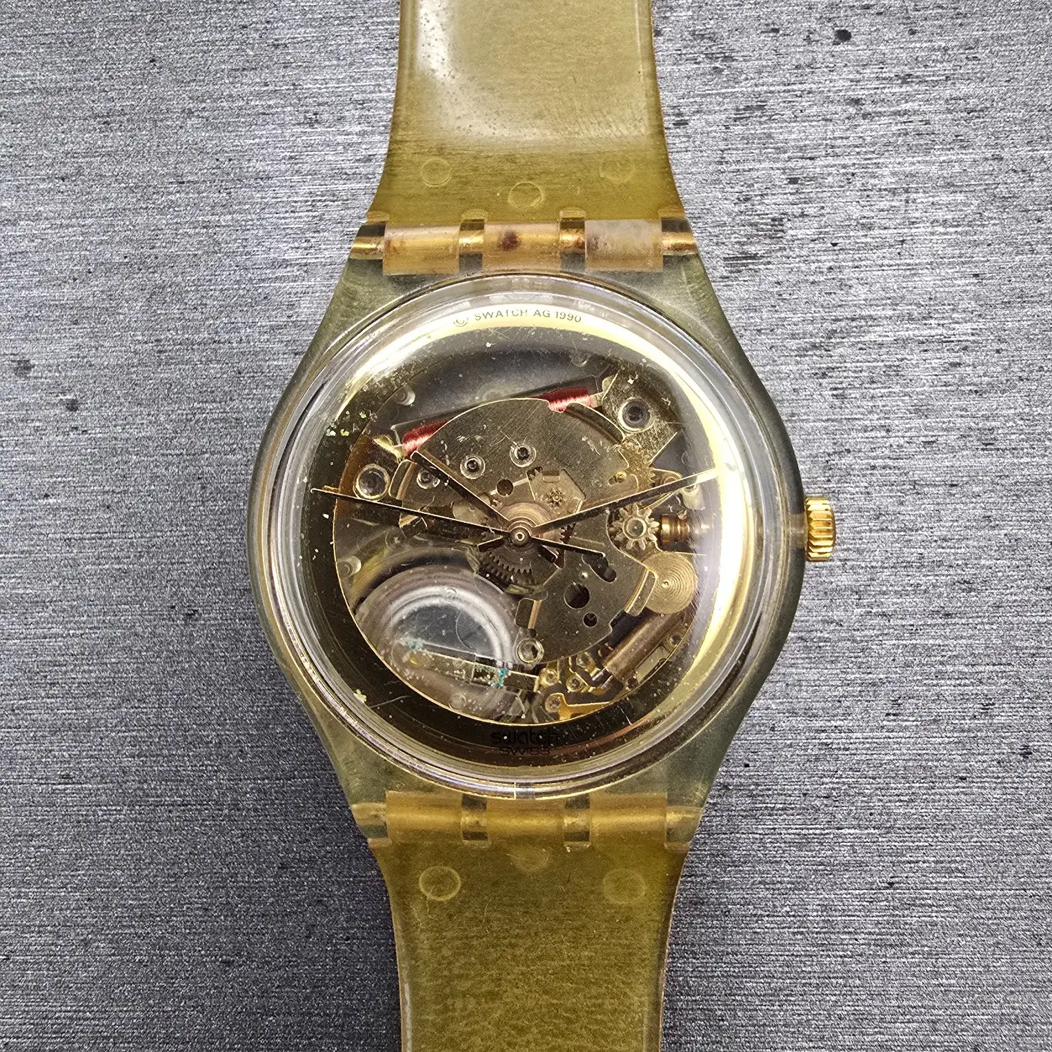 Swatch Golden Jelly Watch Men 34mm Skeleton Dial Clear Case READ! GZ115 New Batt0