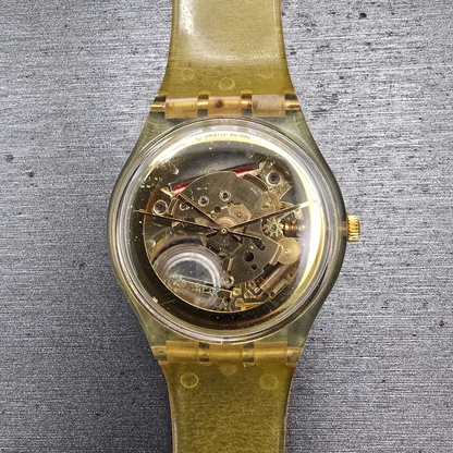 Swatch Golden Jelly Watch Men 34mm Skeleton Dial Clear Case READ! GZ115 New Batt0