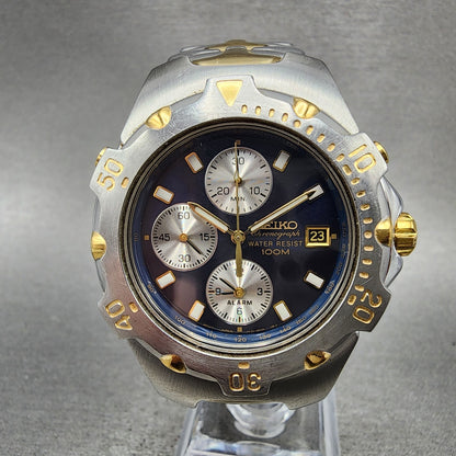 Seiko Chronograph Watch Men 40mm Blue Dial Two Tone Date 7t326m49 New Battery0
