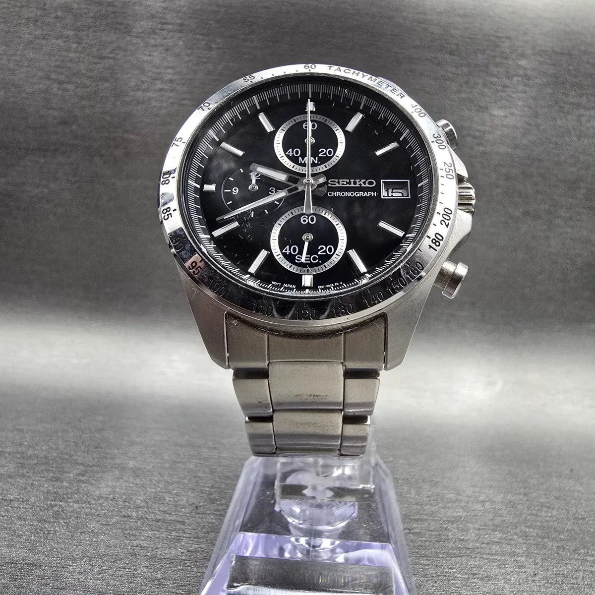 Seiko Chronograph Watch Men 40mm Black Dial Silver Date 8T67-00C0 New Batt JDM5