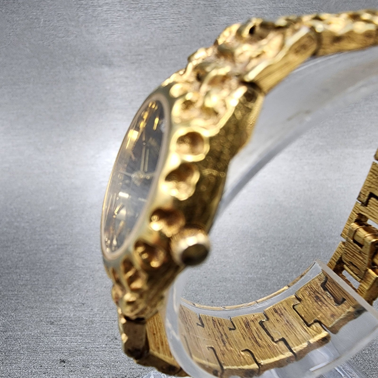 Gruen Watch Women 25mm Black Dial Gold Nugget Case Tone New Battery VTG2