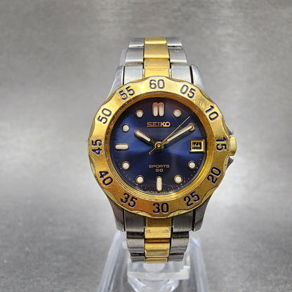 Seiko Sports 50 Watch Women 25mm Blue Dial Two Tone Date Round 7N820329 New bat0