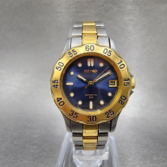 Seiko Sports 50 Watch Women 25mm Blue Dial Two Tone Date Round 7N820329 New bat0