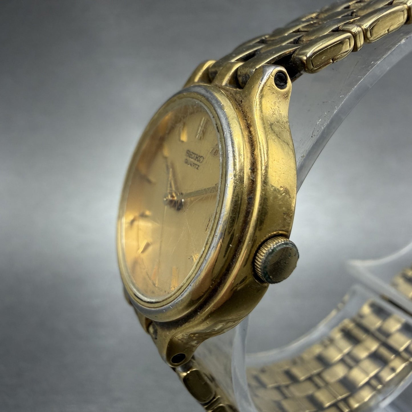 Seiko Watch Women 24mm Gold Dial Gold Tone Date Round 7N82-0071 New Battery ABC2