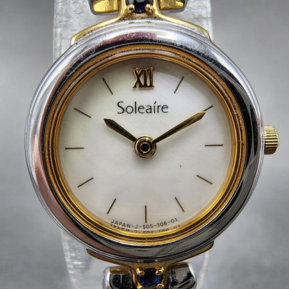 Ricoh Soleaire Watch Women 20mm MOP Dial Two Tone Blue Gemstones Round New Batt