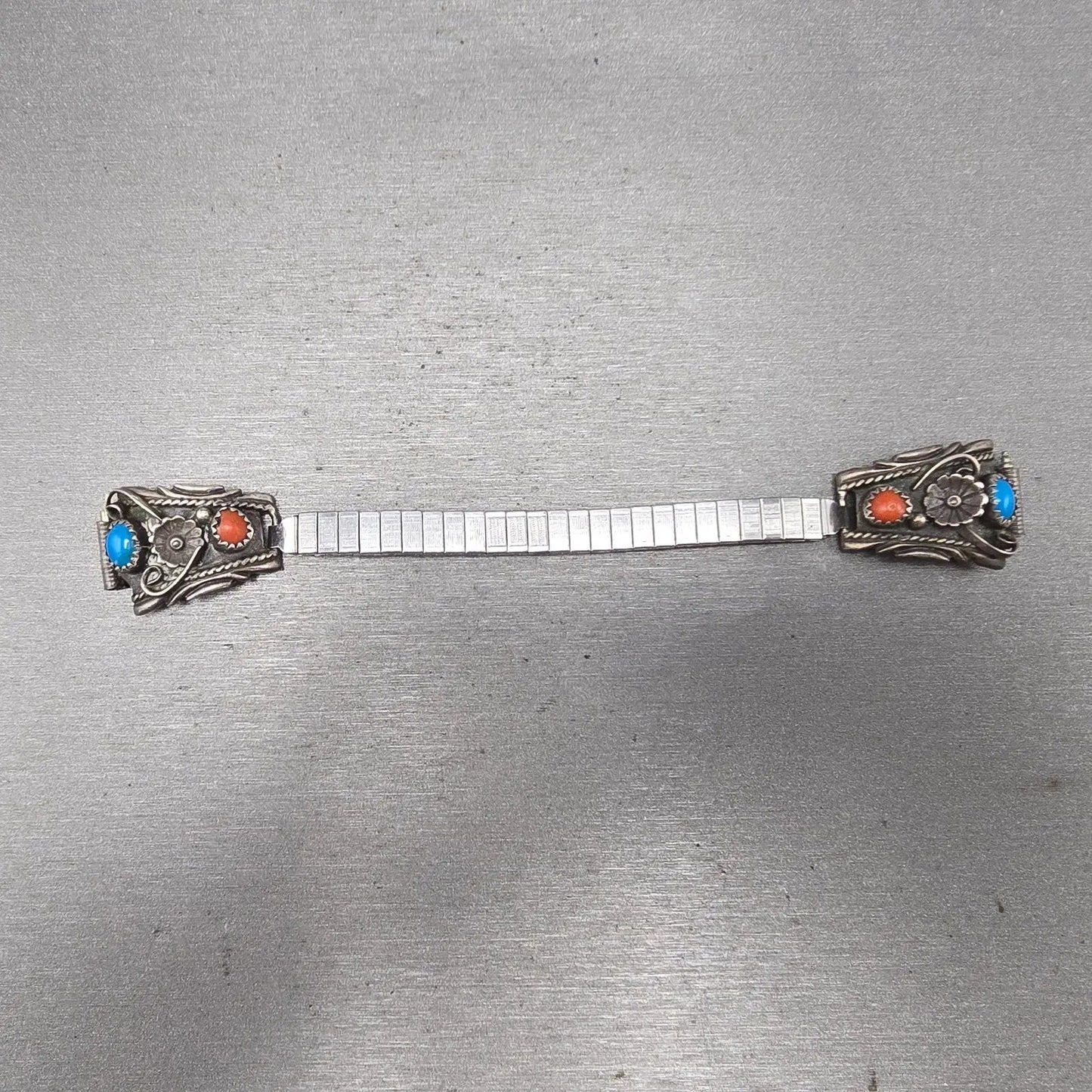 Navajo Sterling Silver Watch Band Tips 10mm Coral Turquoise Flower Design VTG0