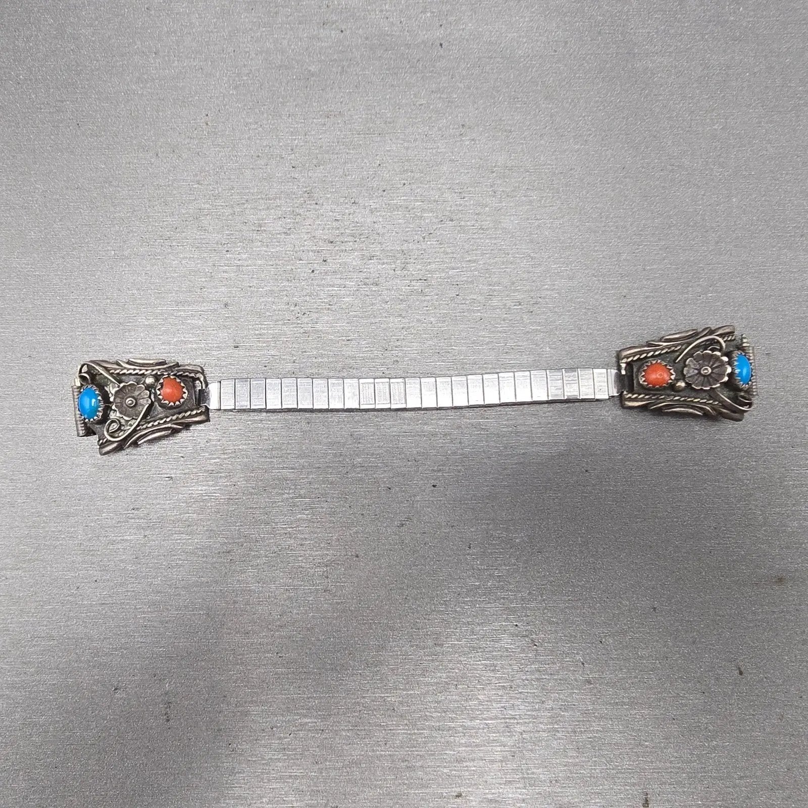 Navajo Sterling Silver Watch Band Tips 10mm Coral Turquoise Flower Design VTG0