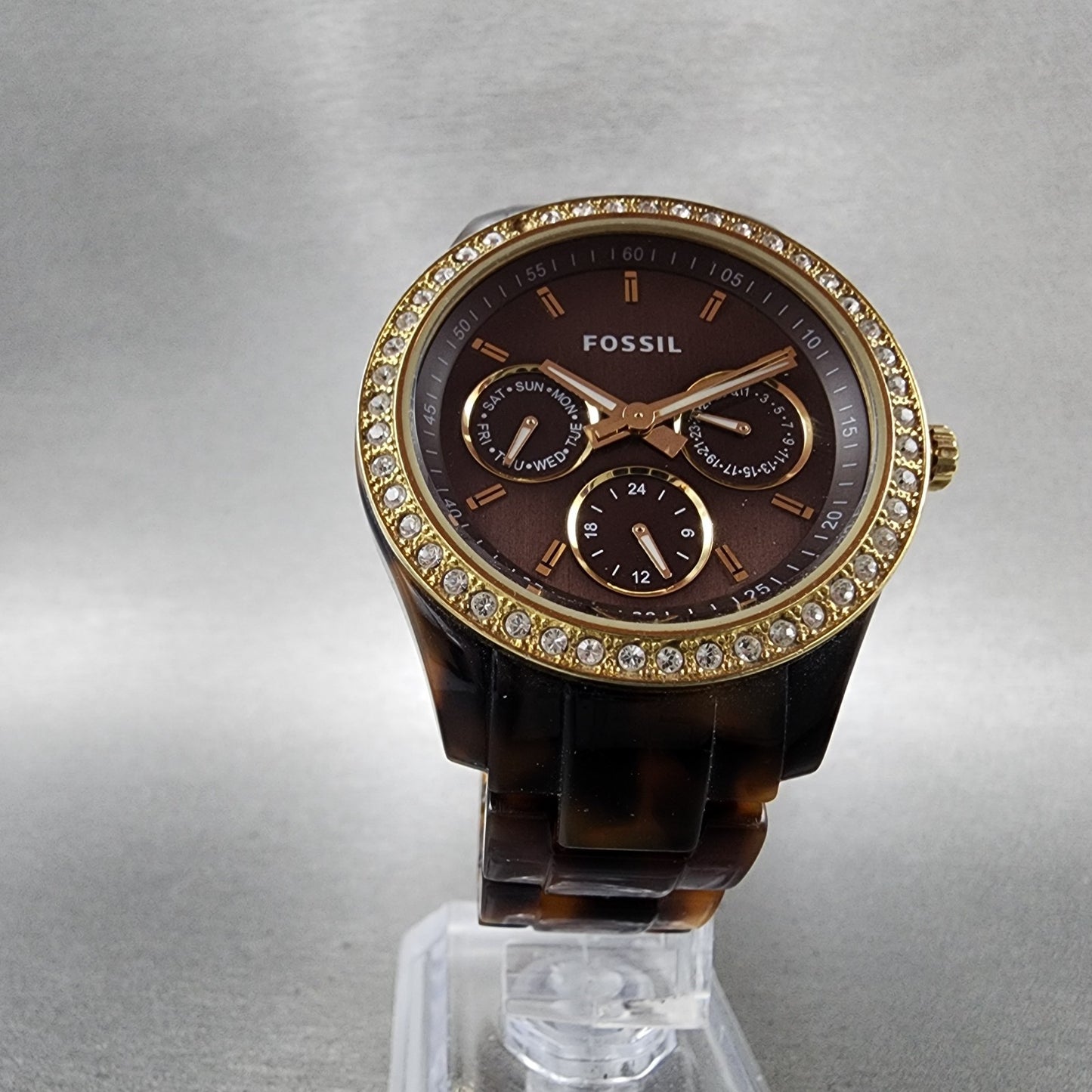 Fossil Stella Watch Women 37mm Brown Dial Brown Tortoise Daydate New Battery4