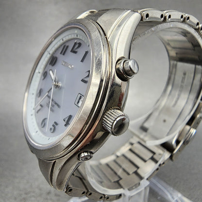 Seiko Solar Watch Men 38mm Silver Dial Titanium Atomic Date Round Runs 7B220AD03