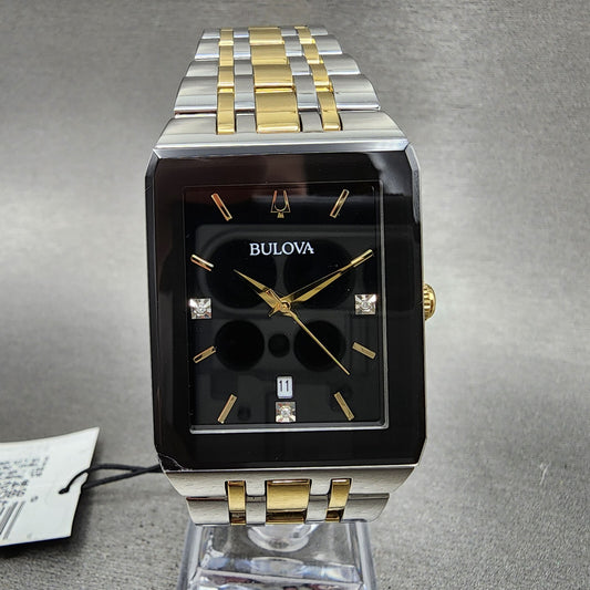 Bulova Quadra Tank Watch Women 21mm Black Dial Two Tone Rectangle 98P185 CHIPPED