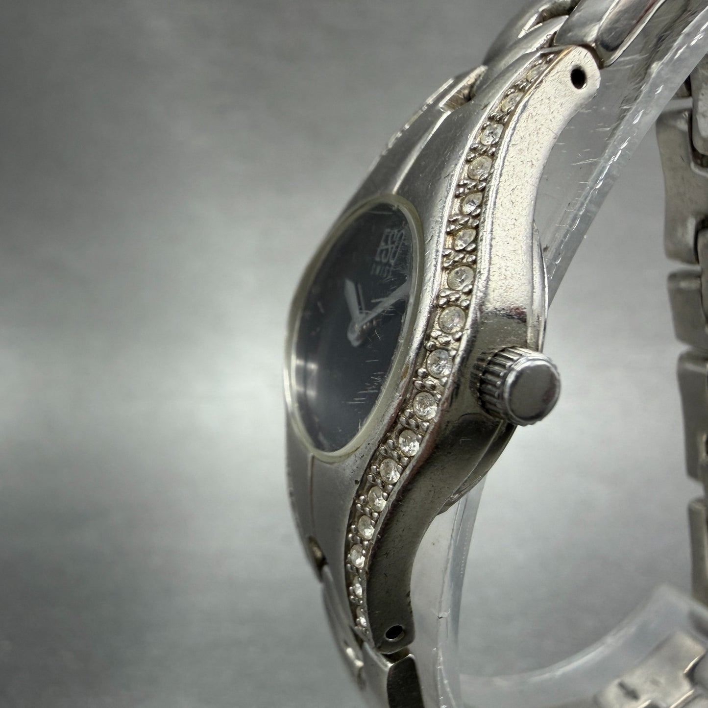 ESQ Watch Women 22mm Black Dial Silver Tone Crystal Bezel Round E5213 New Batt2
