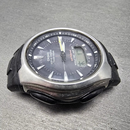 Casio Wave Ceptor Watch Men 43mm Black Dial Silver Analog Digital Solar WVA-430J3