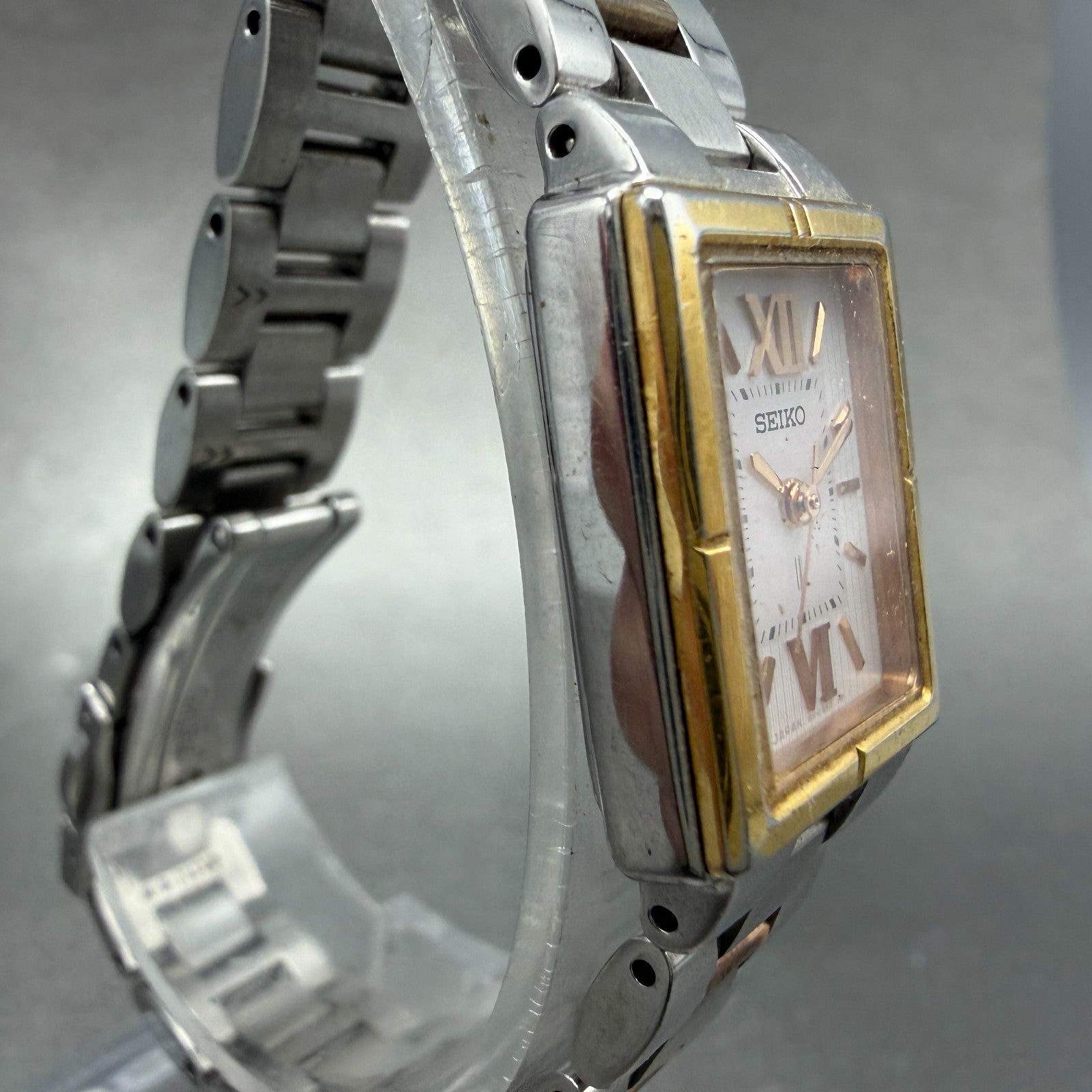 Seiko Solar Tank Watch Women 18mm White Dial Two Tone Rectangle Lukia Runs JN73