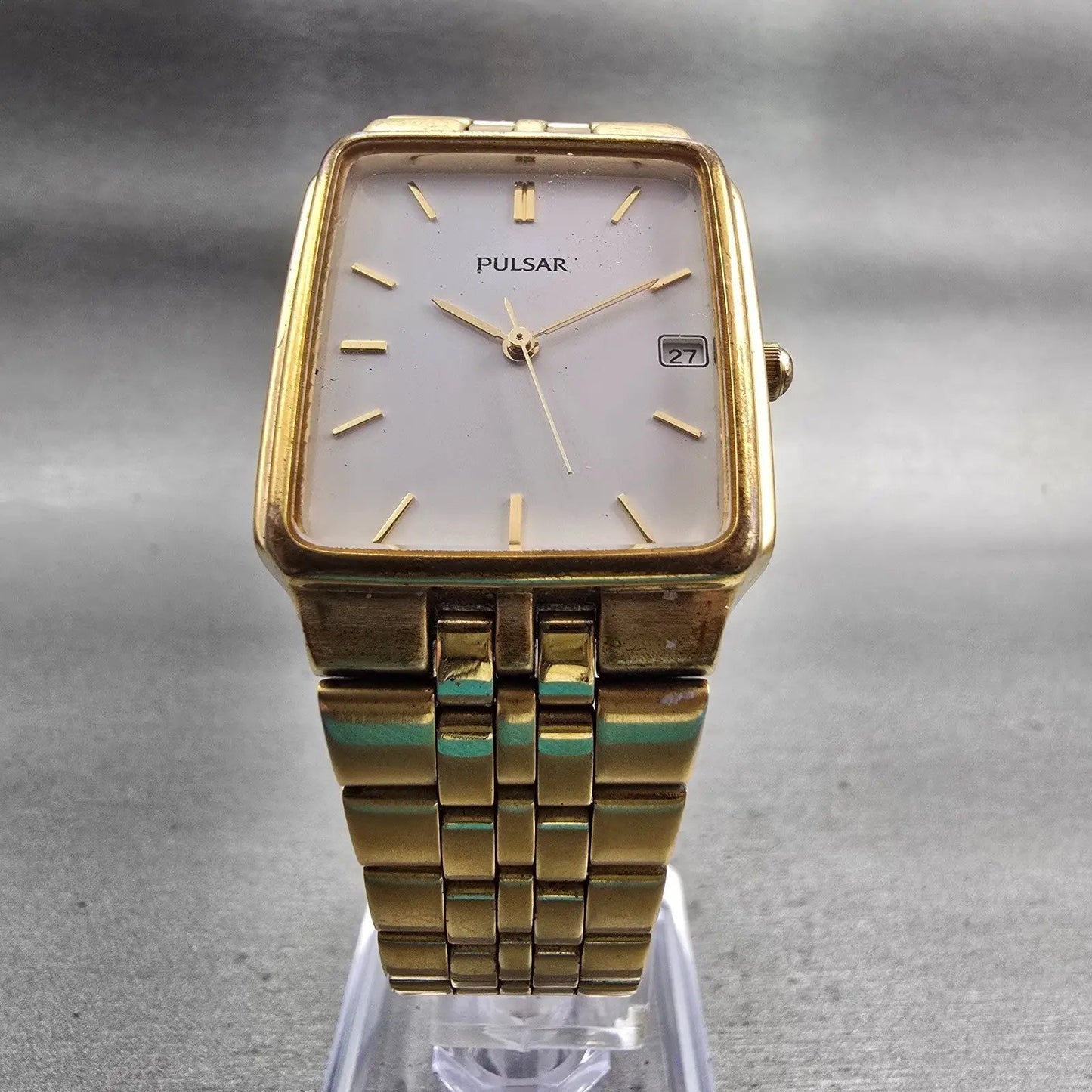 Seiko Pulsar Watch Men 27mm White Dial Gold Tone Date VX32-X154 New Battery VTG5
