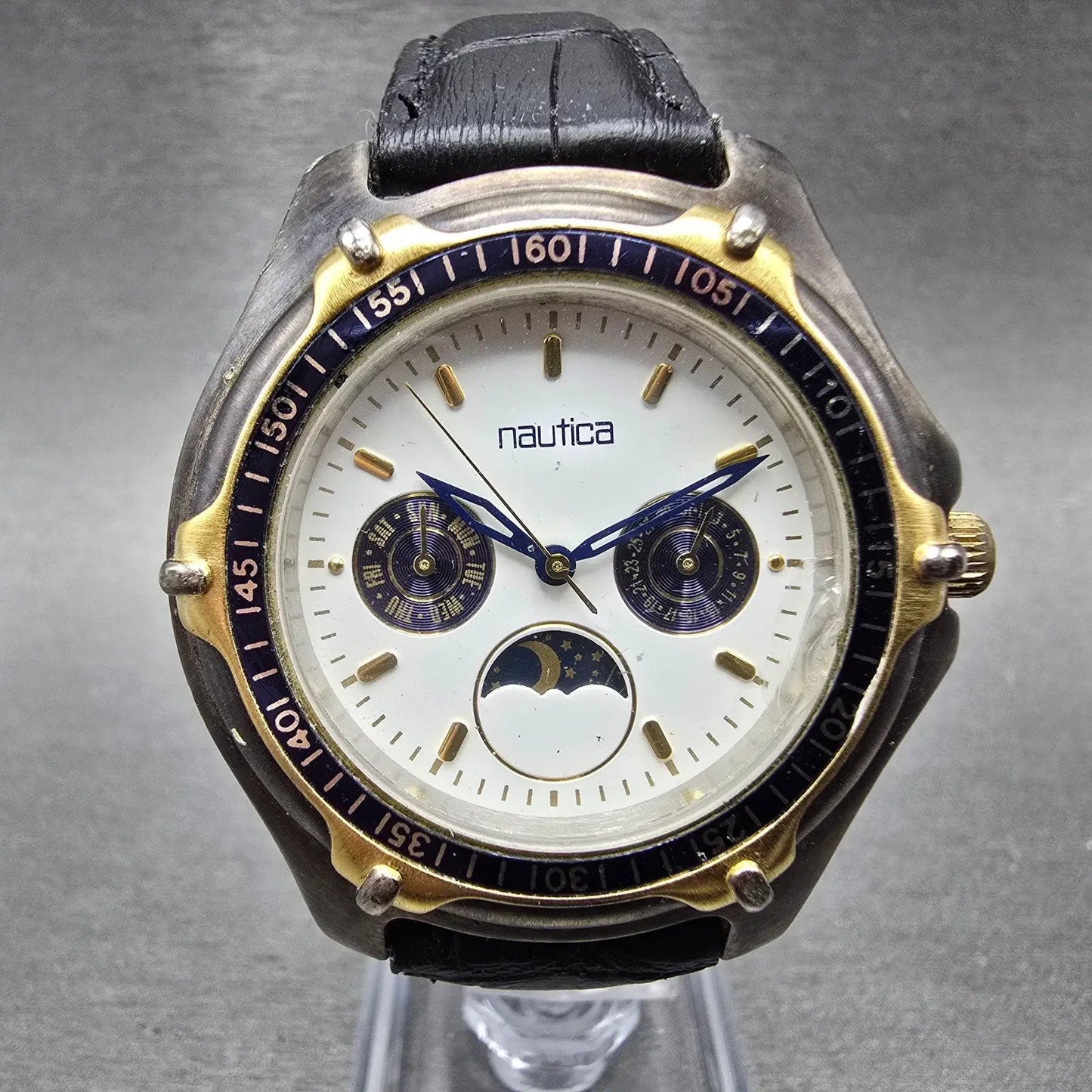 Nautica Watch Men 39mm White Dial Gray Daydate Sun & Moon Round New Battery0