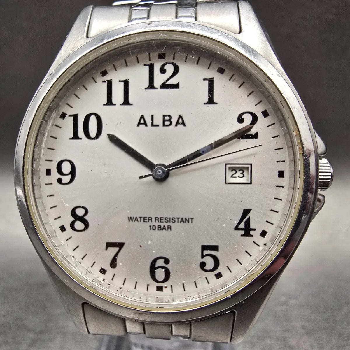Seiko Alba Watch Men 36mm Silver Dial Silver Tone Date Round VX32-K007 New Batt1