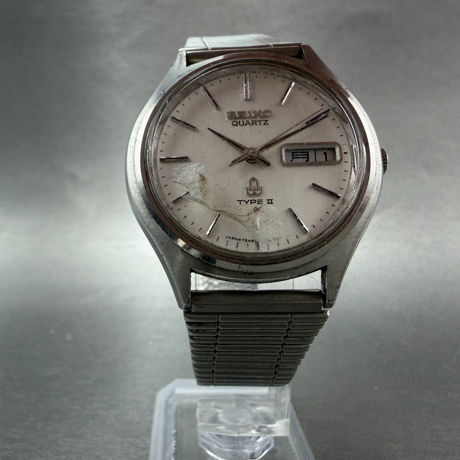 Seiko Type II Watch Men 37mm Silver Dial Silver Tone Daydate 7546-701E New Batt5