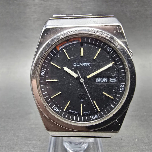 Seiko SQ Alarm Watch Men 36mm Black Dial Silver Tone Daydate 7223-6019 New BattL0