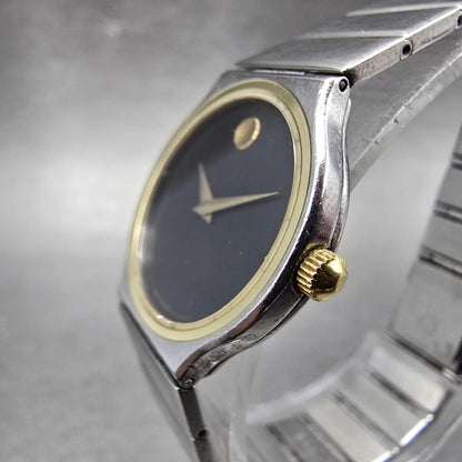 Movado Watch Women 23mm Black Dial Two Tone Round 85-40-881 New Battery Vintage2