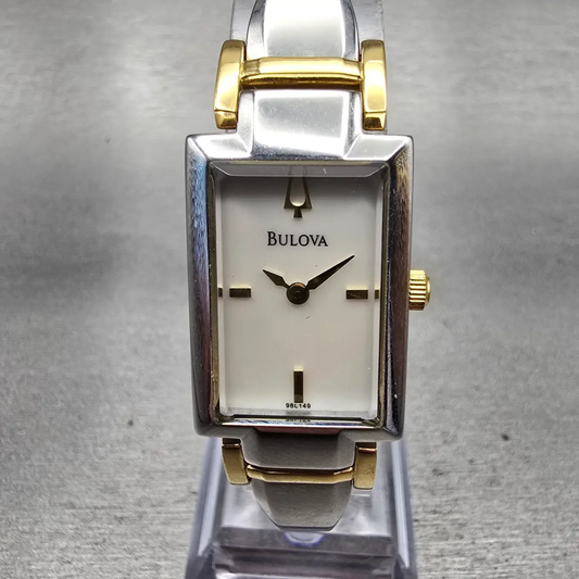 Bulova Watch Women 18mm MOP Dial Two Tone Rectangle Bangle 98L149 New Battery0
