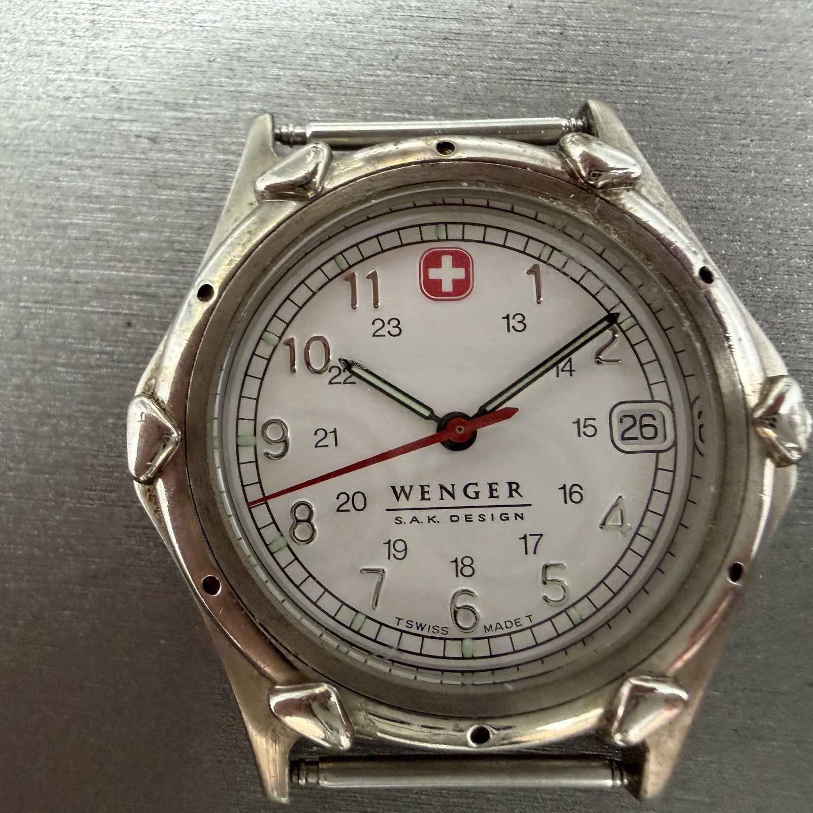 Wenger SAK Watch Men 35mm White Dial Steel Date Round Leather Band New BatteryBH1