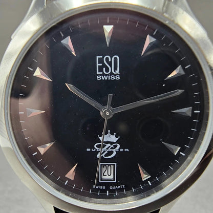 ESQ Watch Men 36mm Black Dial Silver Date Round E5203 New Battery Leather1